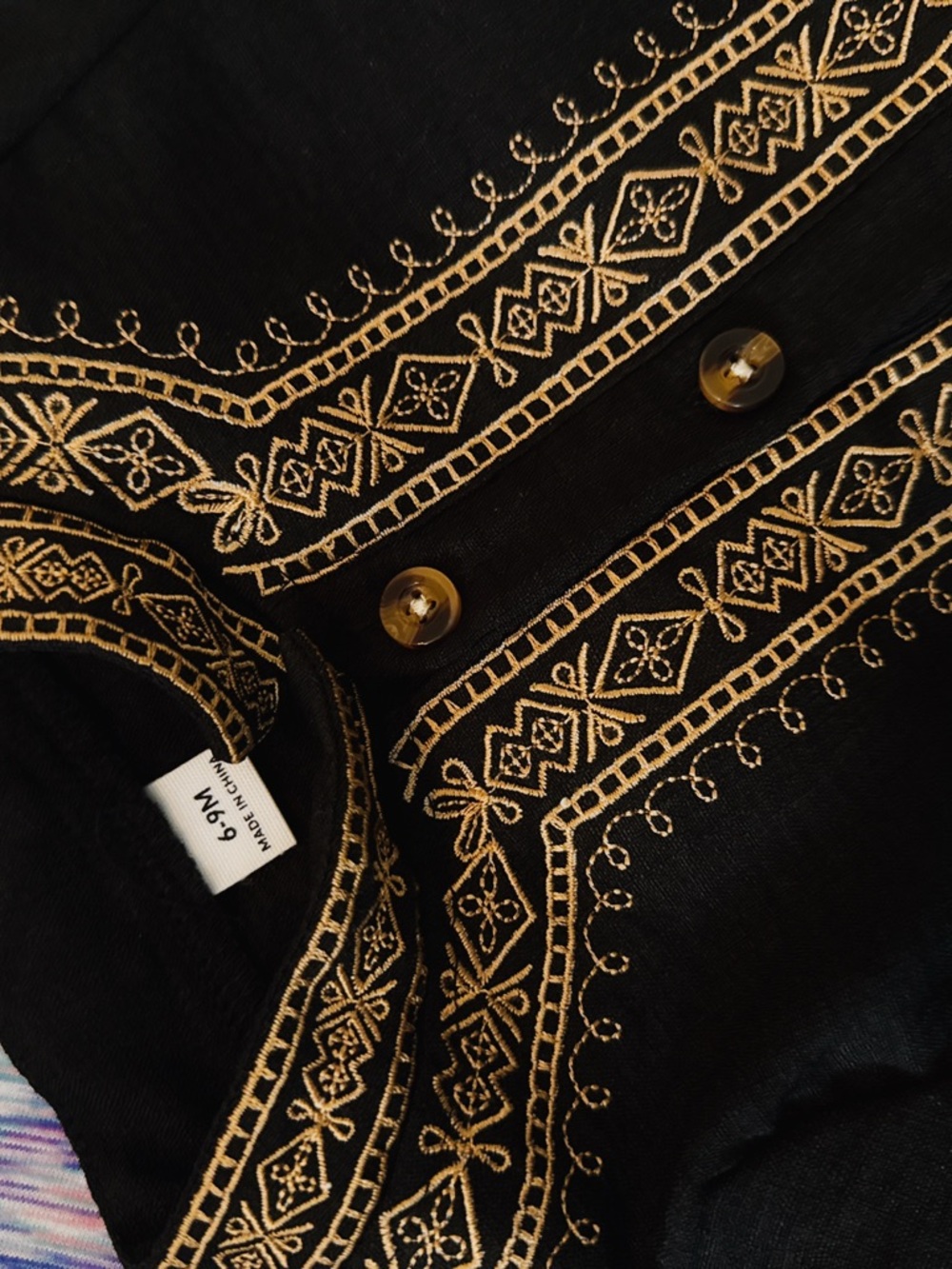 Black bodysuit with Gold Embroidered Trim